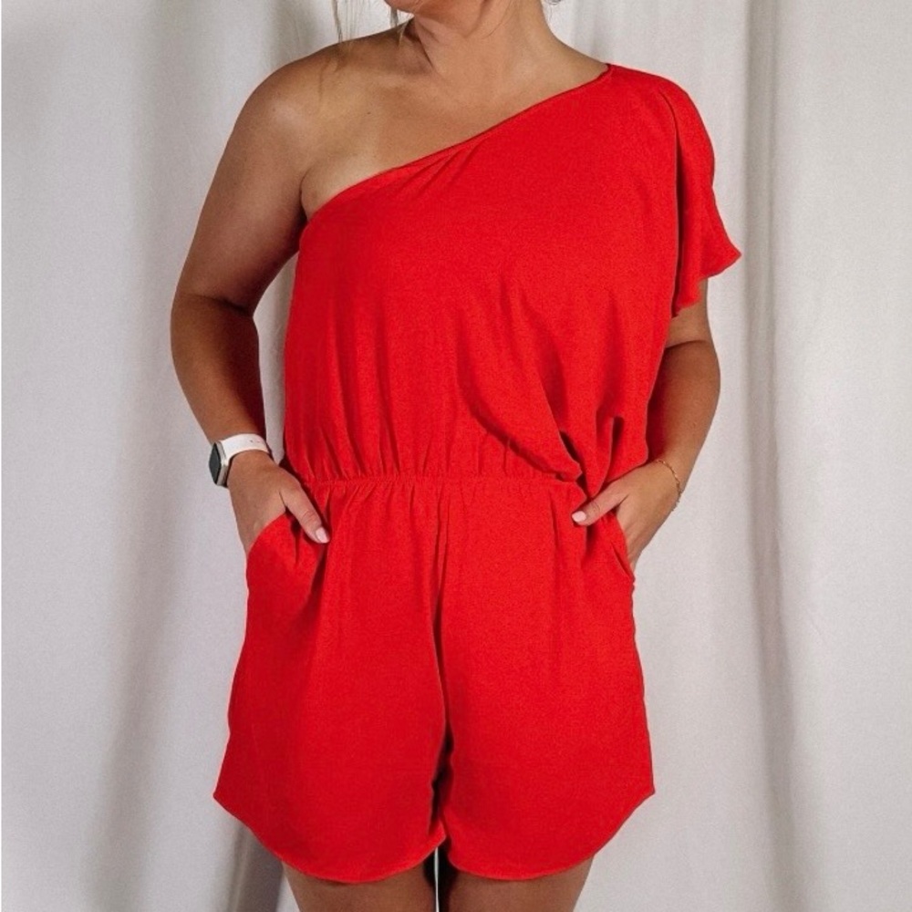 Red One Shoulder  Romper